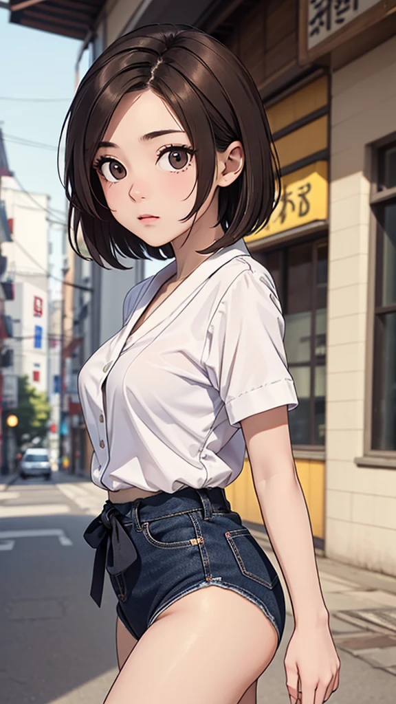 (((masterpiece, best quality, ultra highres, 1 girl, solo, no background))), super detailed skin and face and eyes and finger, beautiful japanese woman, small breasts:1.5, skinny, light brown hair, white background, very short pixie hair, knee shot, The background should be simple, with the character positioned centrally, outline, anime, 2d, boyish, expressionless, wearing no underwear, taking off clothes, undressing, leaning forward, extended down blouse,