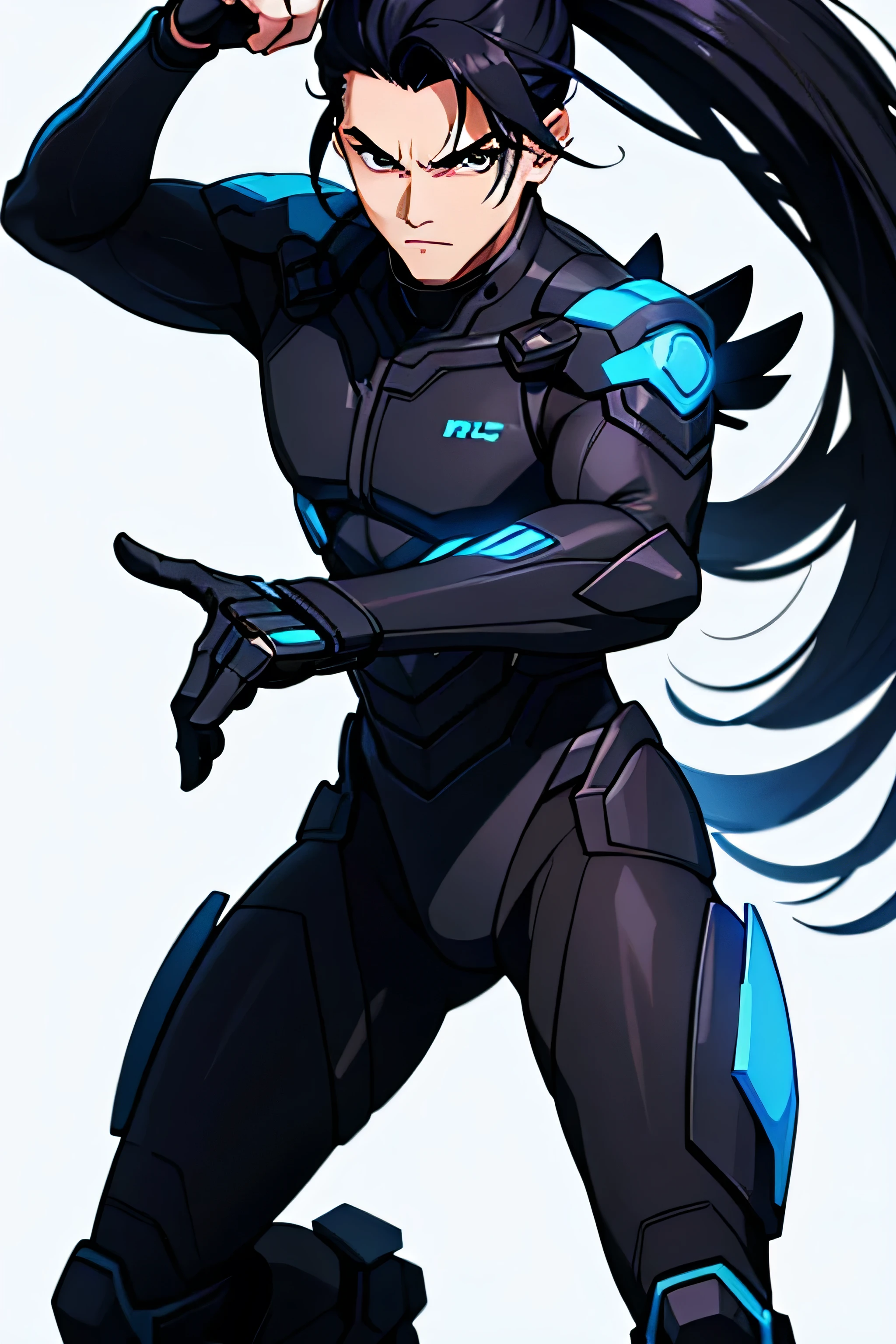 digital image of a 22-year-old man, 1.85 height, he is pointing his hand as if it were a gun, stretching his index finger to aim pointing directly at the camera, wearing an all-black technological suit, hair tied in a ponytail, hair color black, Asian features, serious and downcast expression, elegant , staring at one point, epic pose, full length image, 4k, colorful, white background