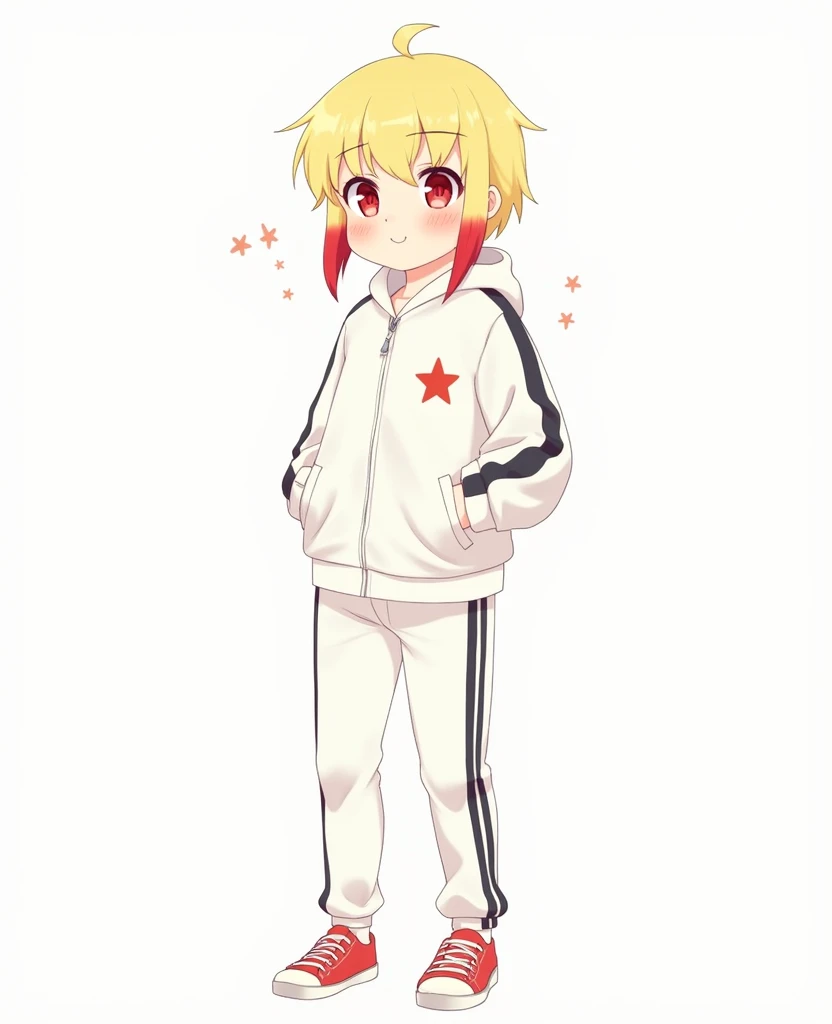 a girl with yellow hair with red tips, white jacket with an embroidered star, white pants with black stripes, red sneakers.