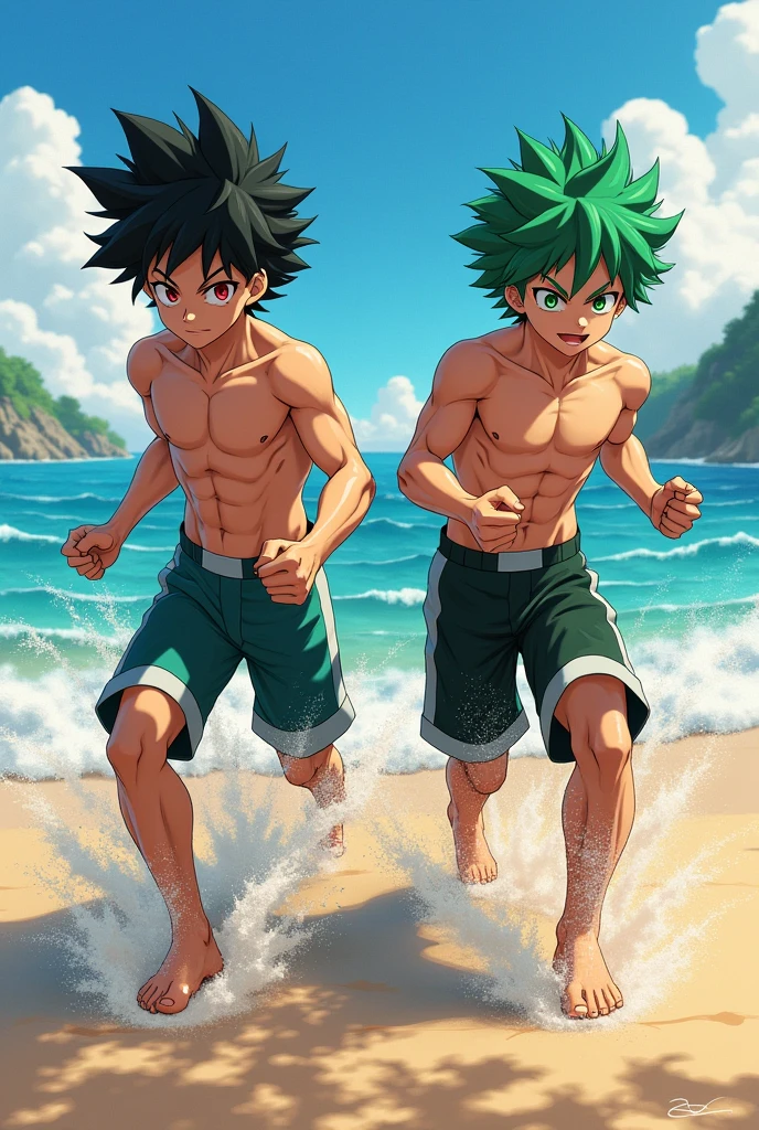 Make two Izuku Midoriyas plus one has black hair and red eyes and the other has green hair and green eyes, they are both 17 years old and are boys, and they are training hard on a beach
