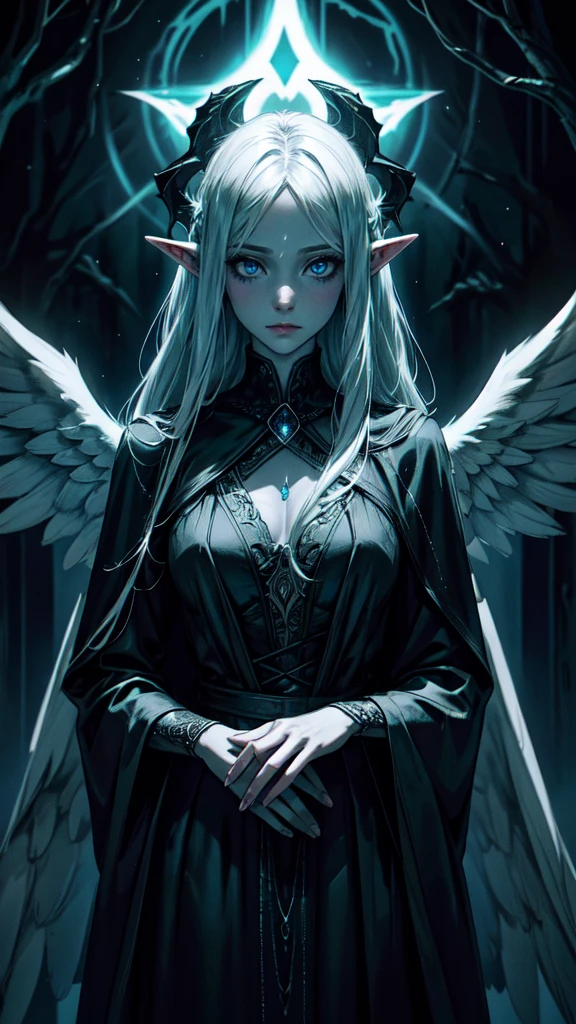 Striking illustration of the Angel of ., A mysterious and ethereal figure who guards the threshold betwelife and death.. resence is enigmatic and powerful...., con alas inmensas que se extienden hacia el horizonte y una mirada penetrante que transmite serenidad y temor. He uses cool tones and deep shadows to emphasize his ethereal nature and his connection to the realm of death......(dighting), ( ethereal lighting),(Spectral illumination)detailed eyes, detaield hands, detailed face, elf woman