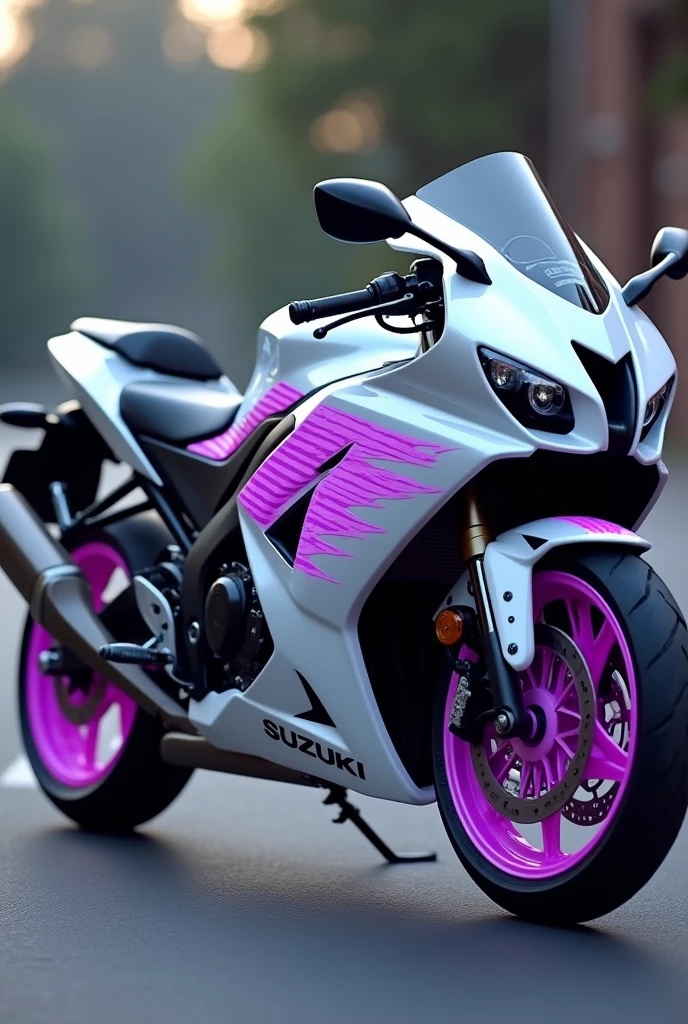 White Suzuki GSX R 150 motorcycle with purple rays on the gas tank and rims blurred with purple