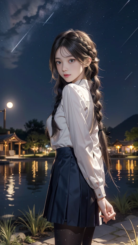 ulzzang-6500-v1.1, (RAW photo: 1.2), (Real photo), (Real photo: 1.4), 1 girl、Perfect anatomy、19 years old、Looking at the camera、Medium length hair、side braids, uniform short skirt, in a surreal royal garden, with many hanging lanterns, under the starry night sky, ((starry night: 1.1))、(Surreal tights: 1.2), (Business service)、Asian eyes Ella,