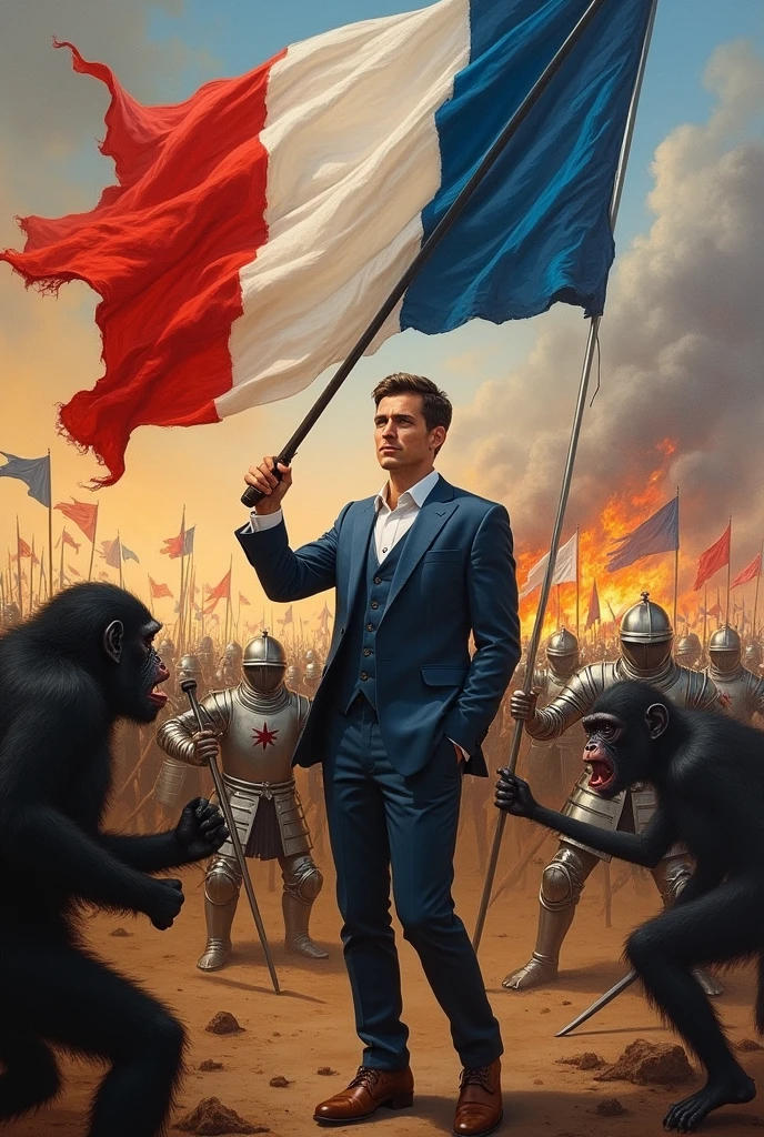 Jordan bardella une personne jeune et dynamique, politicien en costard Tenant un drapeau français sur un champ de Bataille ou la guerre Fait rage Entre les chevalier français et les singe noir 