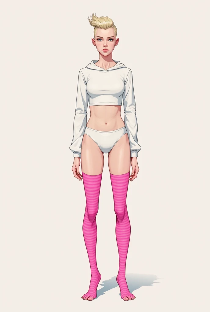 White skinny male in white with pink striped thigh highs boody shorts and a croptop