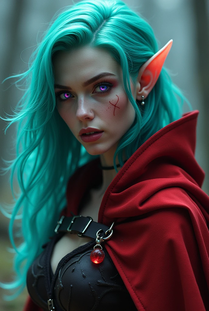 A moon elf nonbinary person with bright teal hair a red cloak and glowing eyes ready to assassinate. Warlock who drains souls. Full body. 