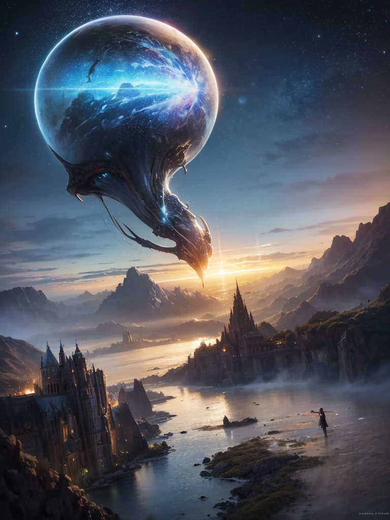 (8k, highest quality, masterpiece, final fantasy style: 1.2), (unRealistic, photoRealistic: 1.37), Dreamy landscape, Fantasy, Unsurreal landscapes, Super detailed, Flying Castle, Floating Island in the Sky, Seven-colored swirl of light, Intense lightning, milky way, Complex Light, Colored light, Large Lake, Starry sky reflected on the lake surface, Countless shining stars, Meteors, Reflections , (A pillar of light emanated from the ground:1,2), roses and orchids gardens , sunset, pink clouds, waterfalls in the sky, realistic style, Hyperrealism drawing, a flying pirate spaceship floating at the clouds level, burning skyscrapers, cyborgs, timeless realms, stunning princess , casting spell, healing light magic effect, in a magical lagoon of the fairyland, crystal clear water surface reflections, sharp focus, looking at viewer, (close-up:0.9), (bright white theme:1.2), (bright white tone:1.2), (deep blue tone:1.3),((( realistic, Hyperrealism, vivid colours , landscapes , alien cyborgs , science fiction themes))), (((2 humanoid stunning female cyborgs posing )))