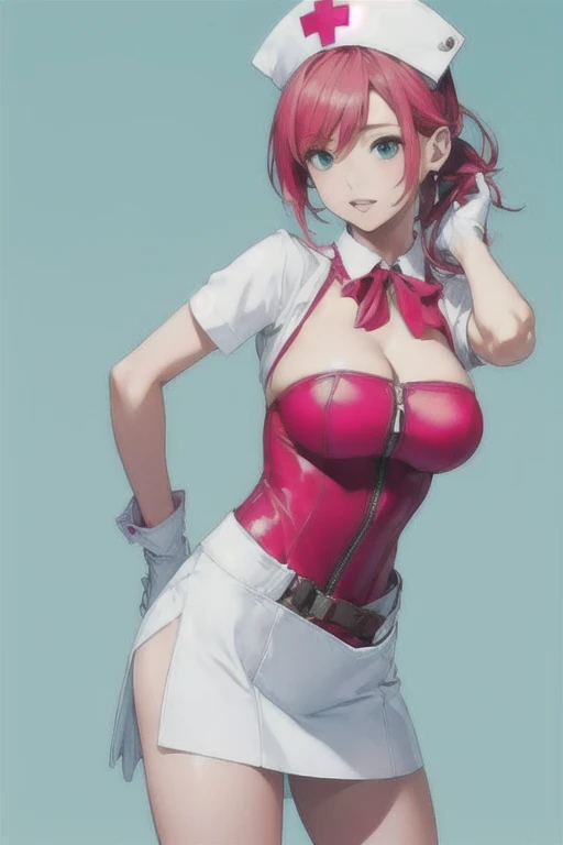 best quality, extremely detailed,
8k, high res,
ROUND BREASTS, big BREASTS
(simple background,:1.2),
1girl, slender, waist, (muscular:0.8),
 GARN3TRUMBLE, SHORT HAIR, WHITE GLOVES, WHITE DRESS, PINK HAIR, SHORT SLEEVES, RED HAIR, OPEN CLOTHES, AQUA EYES, WHITE HEADWEAR, 
SHORT DRESS, SIDE SLIT, ZIPPER, FOLDED PONYTAIL, NURSE CAP, COLLARED DRESS, UNZIPPED, LEOTARD UNDER CLOTHES, PINK LEOTARD, OPEN DRESS
firtatious glance,  parted lips , 
cinematic angle, dynamic shot
standing, sexy pose, hand to hip