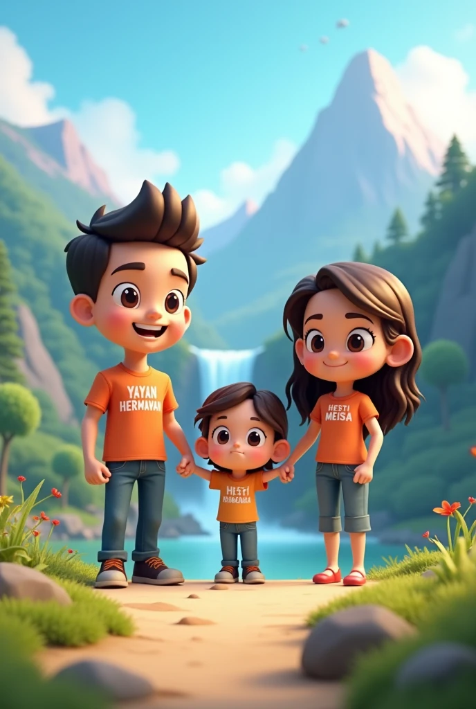 3D cartoon image of a handsome man wearing a t-shirt that says YAYAN HERMAWAN holding hands with a beautiful woman wearing a t-shirt that says HESTI MEISA with a girl in the middle wearing a t-shirt that says NAILA SALSASABILLA with a beautiful background of mountains and waterfalls