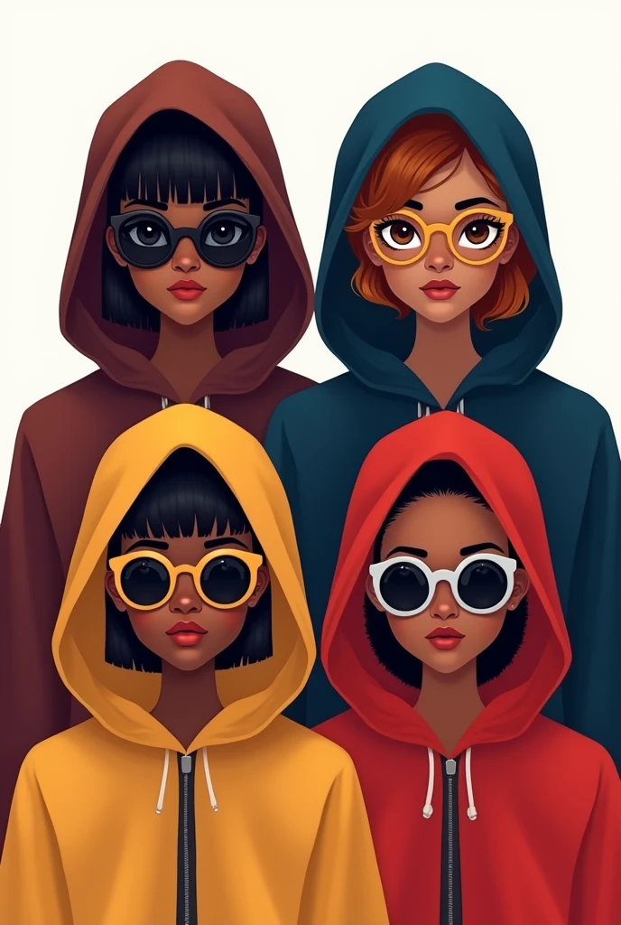 Create an Instagram icon image with a white background. The drawing must show 4 separate girls, Each one with a cult-style cape covering their heads. The first one is dark-skinned, straight hair without bangs, black round lenses; The second, very short wavy hair, brown lenses; third, copper brown straight hair, gold rectangular cat eye glasses; The fourth is dark-skinned, short afro curly hair, silver circle lenses. The style should be lively, with the faces standing out only because of the glasses, without eyes, nose, no mouth.