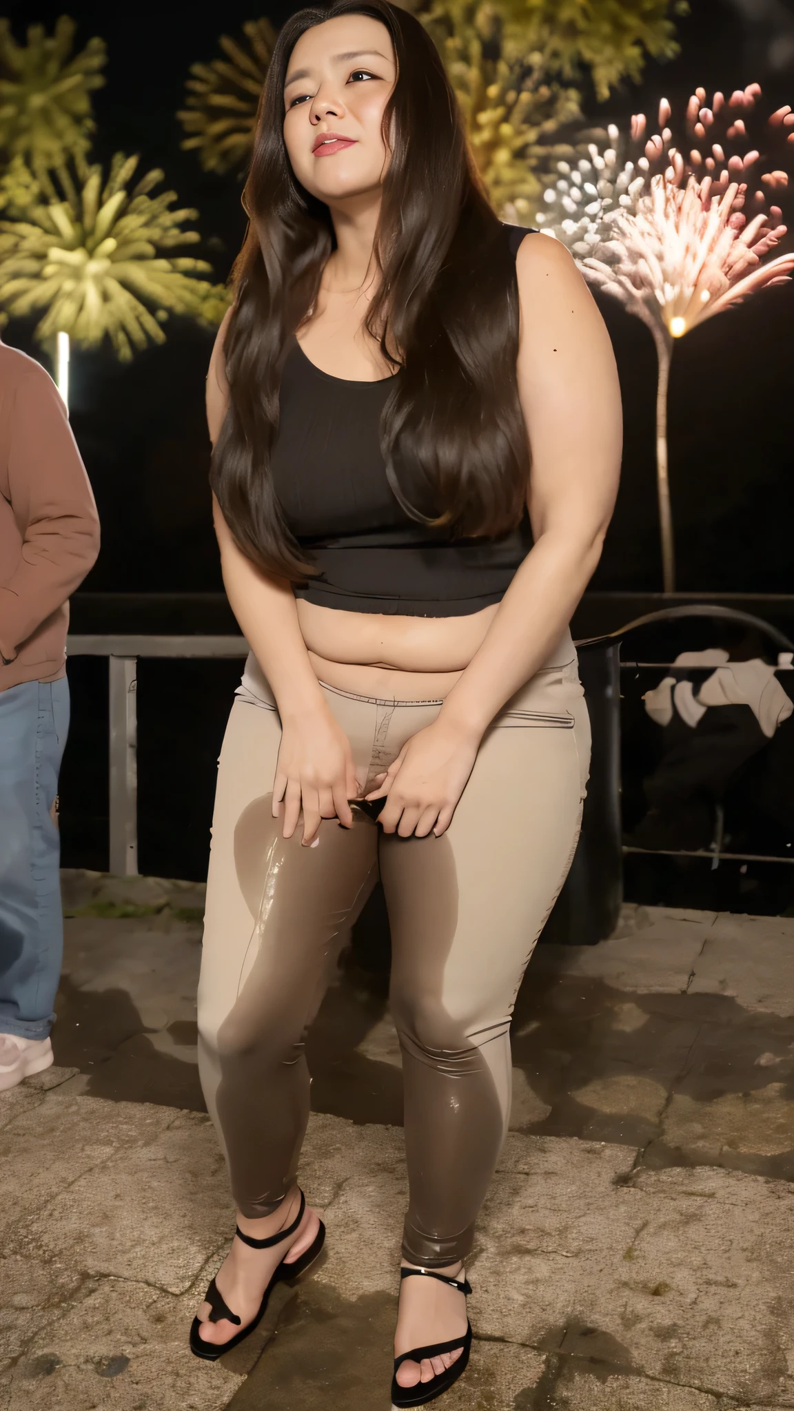 1woman,fullbody,(masterpiece:1.8),photo-realistic,16k,(beautiful 40s japanese plump gal,chubby:1.4),(night,crowd,park:1.6),(fireworks:1.2),(black frilled chiffon blouse:1.2),belt,(jeans:1.1),(sandals:1.2),(panicking:1.4),(crying:1.4),(wetting:1.2),(dripping pee:1.2),peeing,pee puddle,(brown straight very long hair:1.2),black eyes,(heavy makeup:1.2)