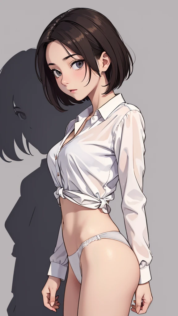 (((masterpiece, best quality, ultra highres, 1 girl, solo, no background))), super detailed skin and face and eyes and finger, beautiful japanese woman, small breasts:1.5, skinny, light brown hair, white background, very short pixie hair, knee shot, The background should be simple, with the character positioned centrally, outline, anime, 2d, boyish, expressionless, white panties, taking off clothes, undressing, leaning forward, extended down blouse, panty drop,