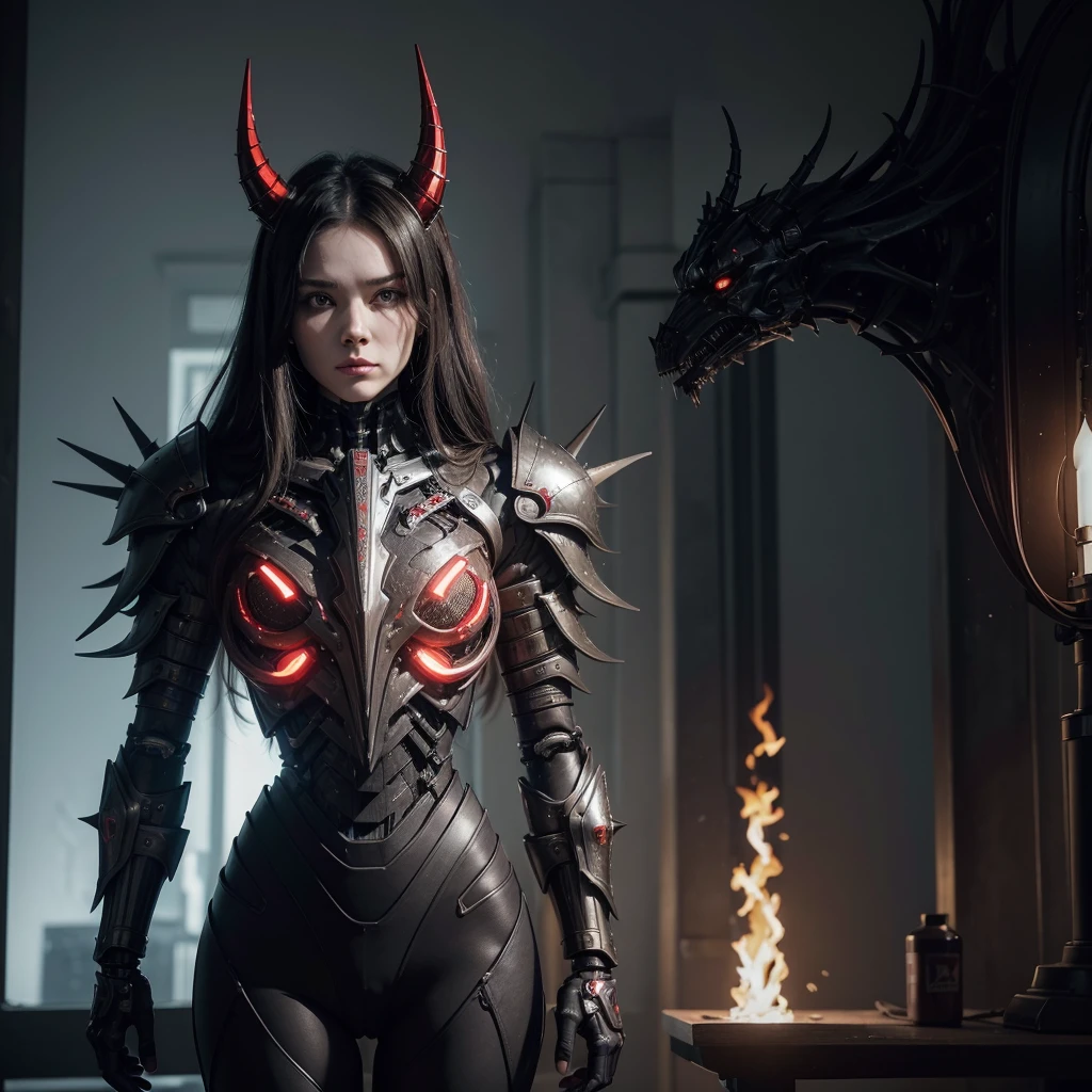 (work of art:1.1), (intrikate:1.1), (detailded:1.1), (ornated:1.1), break,
(horor:1.1), (Satanic:1.1), (Biopunk:1.1), (Black and red theme:1.1), (Ablaze:1.1), break,
(standing alone:1.2), (Head and trunk:1.0), (looking ahead at viewer:1.0), (female:1.0), (cyborg:1.0), (mechanical parts:1.1), (mechanical joints:1.1), (mask:1.0), (spikes:1.0), (mechanical horns:1.0), (long hair:1.0, chin up, (majestic, Stately, superiority)), (cybernetic armor, (correct posture), cybernetic prostheses)