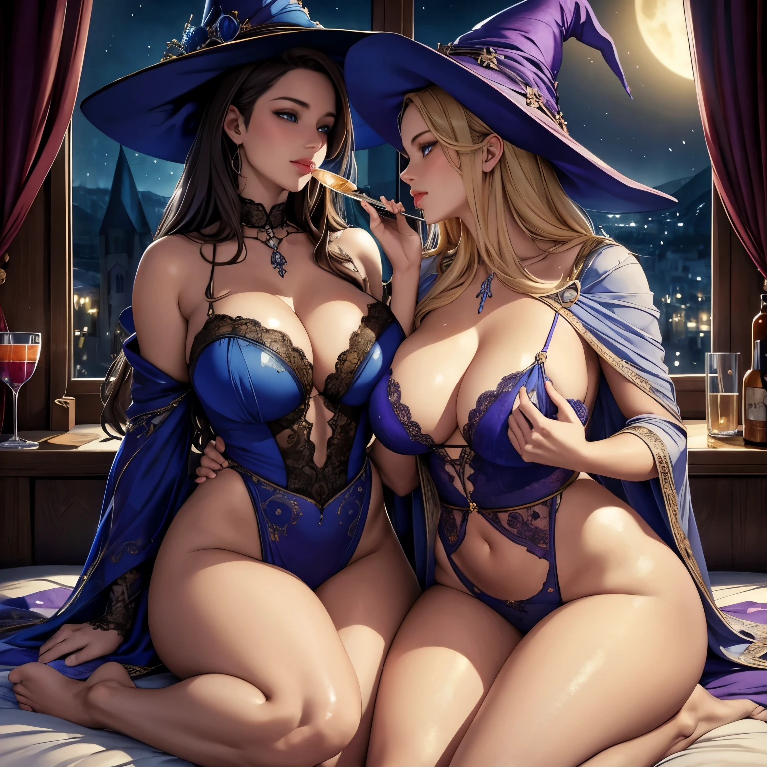 ((best quality)), ((masterpiece)), (detailed), perfect anatomy, highly detailed genitalia, highly detailed feet, highly detailed hands, highly detailed human ears, highly detailed face, highly detailed eyes, highly detailed nose, highly detailed mouth, highly detailed hair, highly detailed skin, highly detailed tongue, a beautiful witch and her young apprentice drinking the love potion on bed, a cup of glass containing a blue sky glowing liquid, kissing and cuddling, night, detailed and intricate, highly detailed faces, dreamy expression, romantic, soft lighting, warm colors, lush fabrics, detailed textures, atmospheric, cinematic, masterpiece, photorealistic