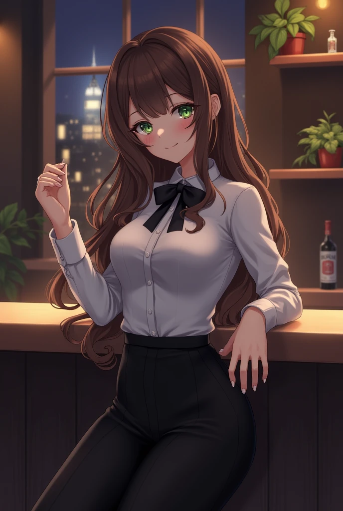 (masterpiece), 1girl, solo, adult female, perfect adult female body, (sexy and seductive pose:1.3) BREAK bar interior at night, countertop, plants on shelf BREAK EPsmSailorMercury, long wavy hair, brown hair, green eyes, smiling mouth closed BREAK Peter Pan Collar Shirt, black bow BREAK Black business pants