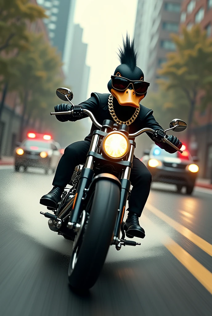 Black duck with sunglasses and gold chain, riding a motorcycle, at high speed Police chasing