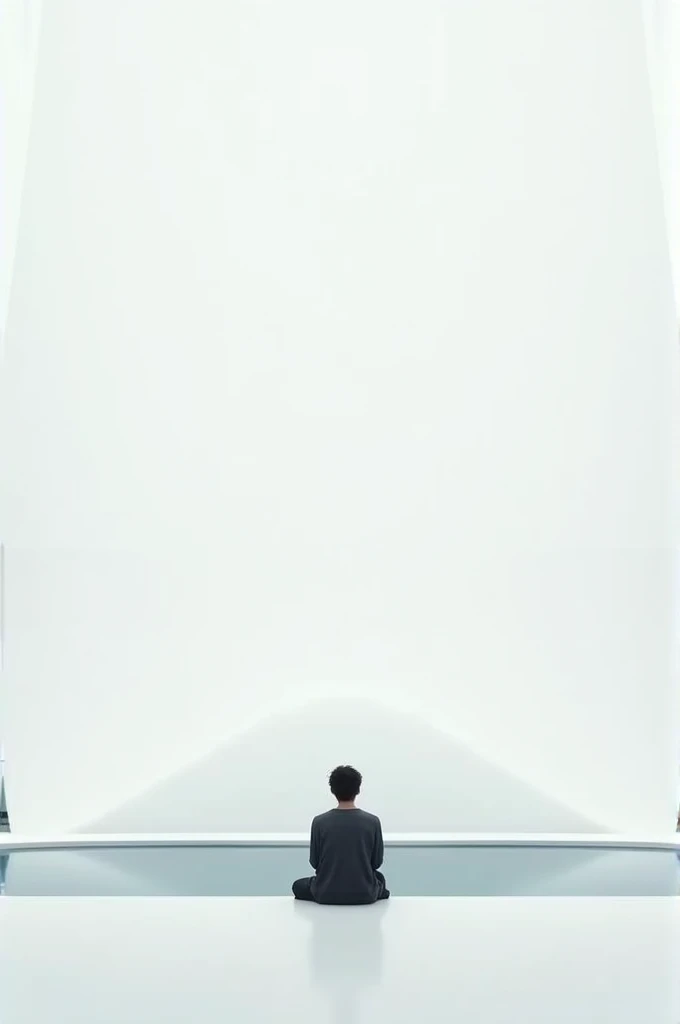Young man sitting alone in a very large all white room, looking at a small lake at your feet 