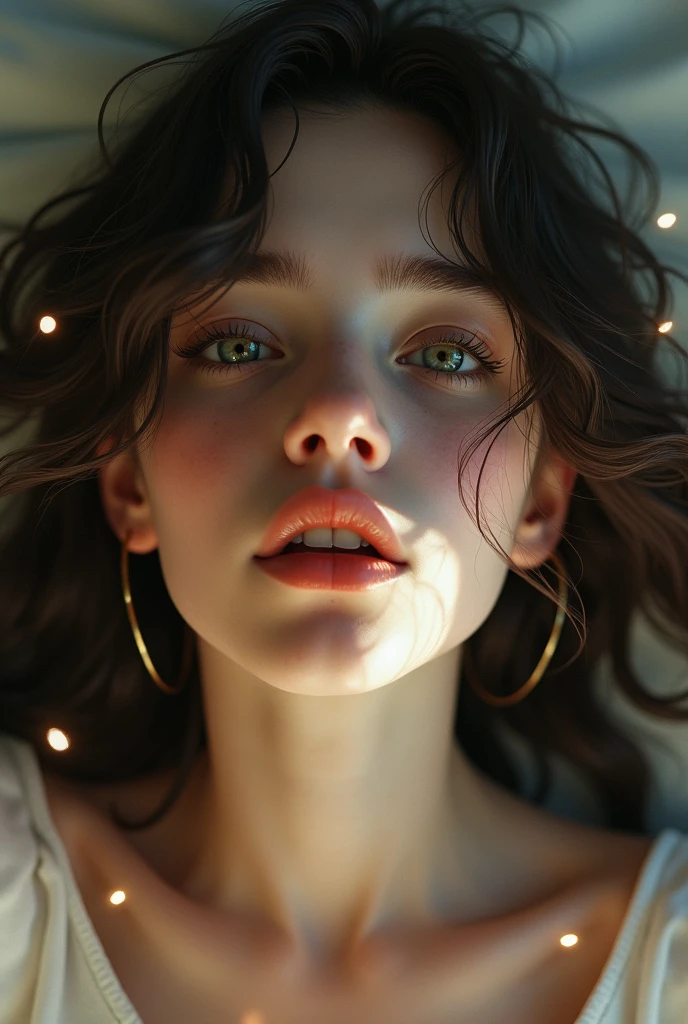Femboy boy long dark brown hair, green eyes with one side blinking with a way and expression of orgasm