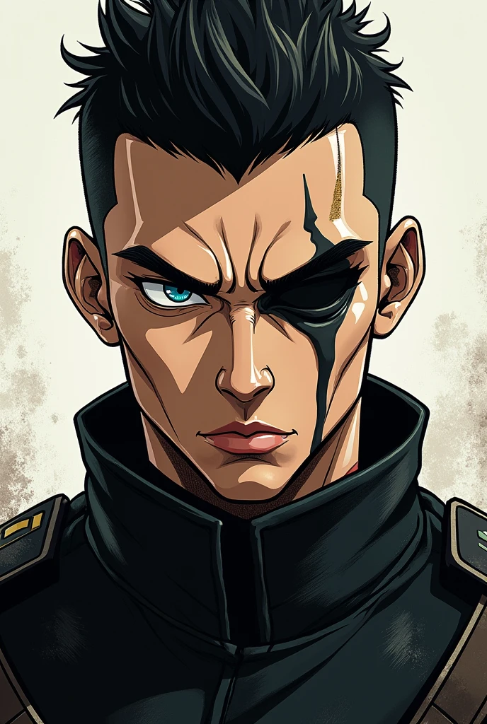 Dans un style manga un soldat de 25 ans aux cheveux noirs rasés sur les côté un peu comme un viking. Son oeil gauche est aveugle et est fermé par une cicatrice, son oeil droit est de couleur bleu. Il porte un uniforme noir et sa mâchoire est légèrement carrée
