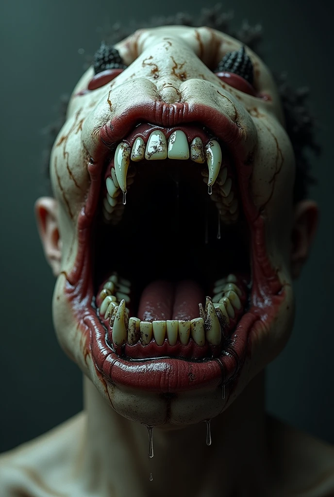 Monster full of blood, pin head, lips disgustin, black liquid green out of you mouth. Seven feet toler,