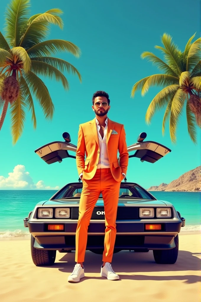 Draw me Luis Miguel with colors on the beach and next to the car from back to the future