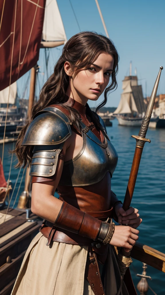 Highest quality realistic photos, Skin Texture, Female warrior standing in front of a wooden sailing ship in a medieval port. Beautiful Face, Wearing leather armor, Holding a sword