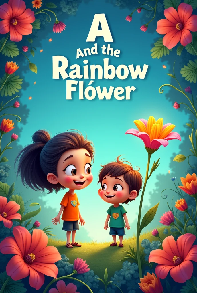 Make a cartoon-style movie cover with the words A and the Rainbow Flower in Portuguese 