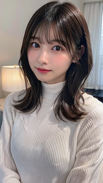 Highly detailed, photorealistic portrait of a young woman in her 20s。face:
Outline of an inverted triangle、Sharp jaw:1.8、Thin eyebrows、知的なface立ち
大きな目と高い鼻
目:
Brown eyes、A hairstyle with subtle highlights and gentle glowing eyes:
Medium Length、The bangs are cut diagonally and the hair color is dark brown.:
Light Skin Tone、Smooth and healthy looking skin:
calm and gentle smile