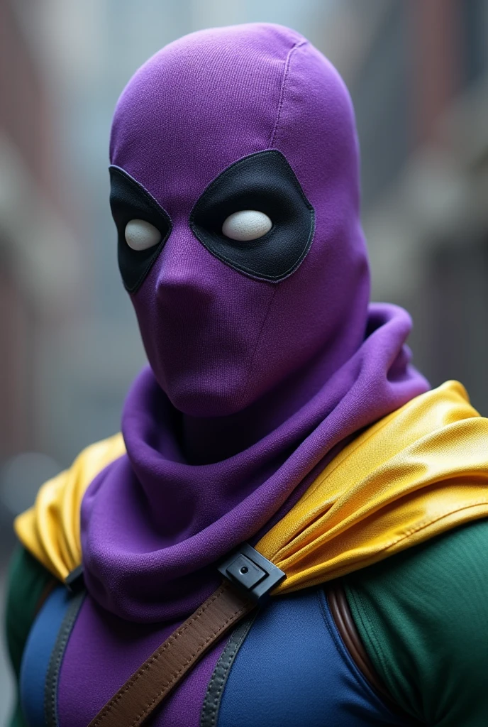 A superhero with a purple fabric mask that covers his entire face, The texture of the mask is similar to that of winter hats, with oval white eyes, with a soldier's uniform with green sleeves and green pants and a blue torso, a golden yellow collar cape, make it look like deadpool, That is, the aesthetics Corrections: The eyes should be vertically oval and there should be no black shading around them and the mask only covers the head to the neck.
