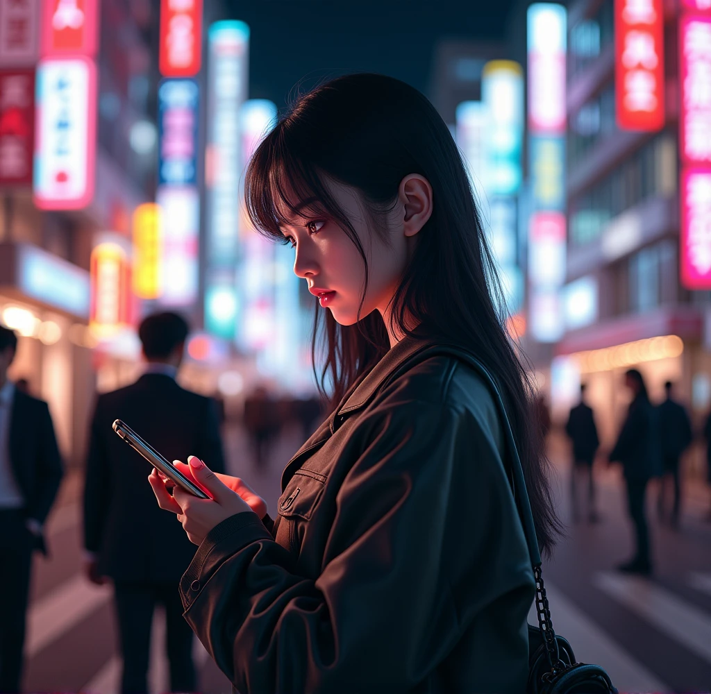 here、Tokyo Shinjuku Kabukicho。The girl stood on the street exuding a sexiness that was hard to believe she was 18 years old.、Looking down at the smartphone。Her background is lit by the neon lights of the entertainment district.、The passing office workers are sizing her up.(photography)（professional lighting）retina, anatomically correct, ccurate, textured skin, super detail, high quality, high details, award winning, best quality, highres, 1080P, HD, 4K, 8k
