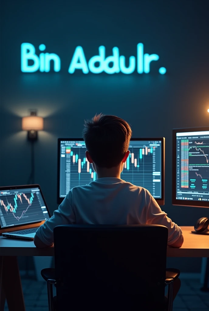 A boy seating on a chair with laptop and desktop computer viewing his Forex trading chart and a background that name Bin abdul jr