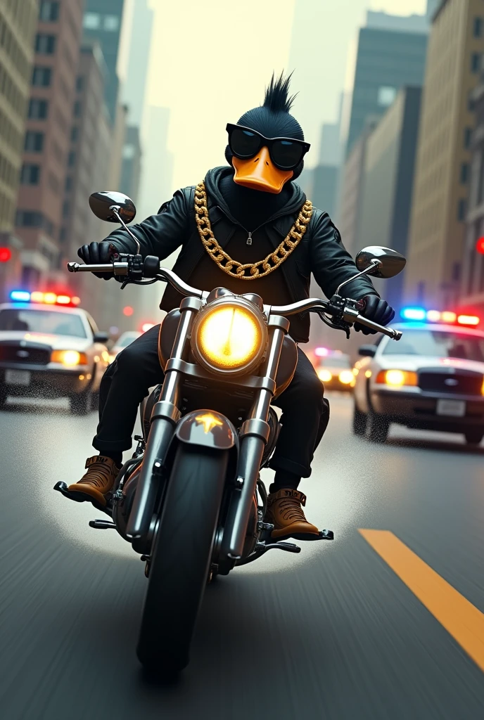 Black duck with sunglasses and gold chain, riding a motorcycle, at high speed Police chasing