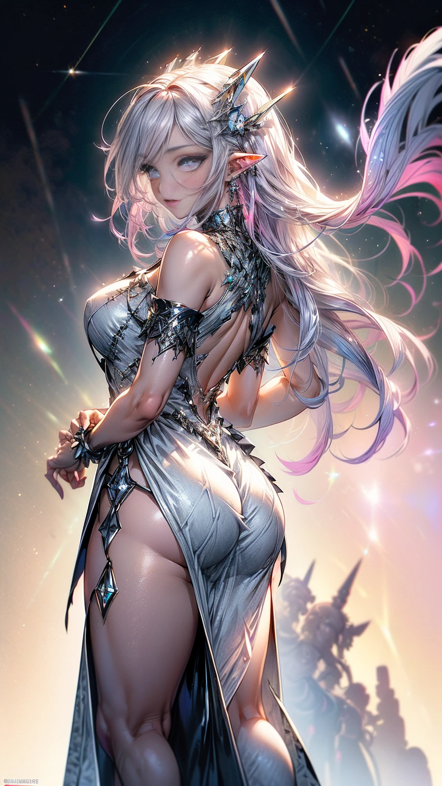 Raw photo, masterpiece, best quality, ultra-detailed, high resolution, extremely detailed CG, unity 8k wallpaper, official art, production art, novel illustration, caustics, textile shading, super detailed skin, perfect anatomy, detailed, cinematic lighting, dynamic lighting, beautiful detailed eyes, (shiny alabaster skin), sexy smile,(nsfw:0.7), (Elegant and Royal battle dress:1.5), (DD breasts), large buttocks, blonde, garter belt, Pretty starry pupiled eyes, long lashes, eye shadow, eyeliner, detailed eyes, beautiful eyes, full pink lips, short height(160cm), Two toned hairstyle(Astral colored hair) behind viewer, back shot, hips focus,(side slit dress:1.5), 