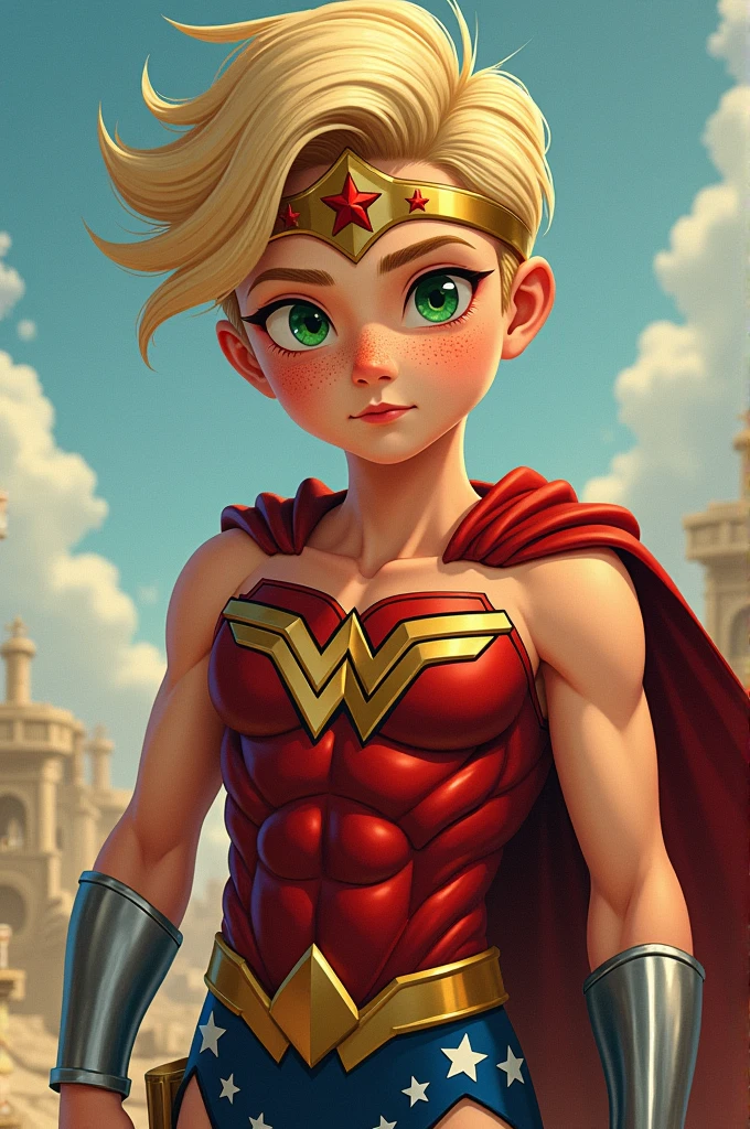 boy, blond, freckles, green eyes, white skin, male version wonder woman clothes. young,