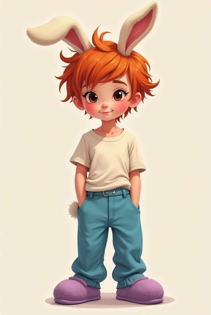 Red hair with bunny ears, purple slippers, shirt, blue pants