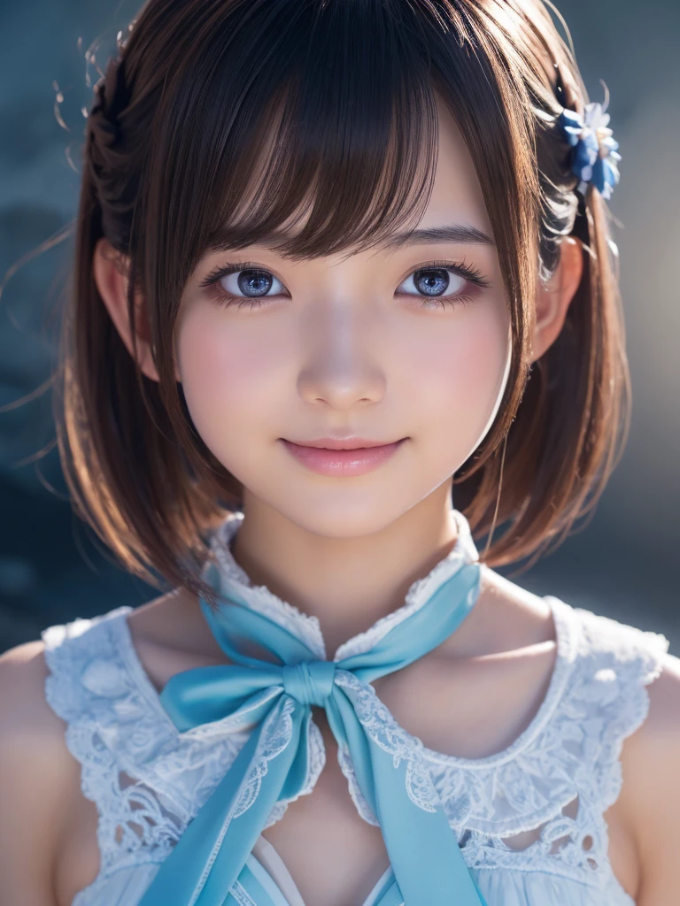 head shot,beautiful detailed eyes, droppy eyes,beautiful detailed lips, extremely detailed eyes and face, long eyelashes, 1 japanese girl, fantasy character, (Final Fantasy, yuuna),smile,short hair,elegant white dress,break, blue long skirt,break,magical girl, highly detailed, fantasy landscape, dramatic lighting, glowing effects, mist, intricate details, volumetric lighting, cinematic composition, hyper realistic, 8k, best quality, masterpiece, photorealistic,Highres fix