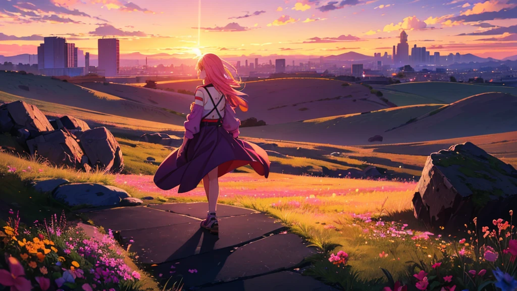 ((high quality)) ((8k)) A determined woman stands on a hill at sunset, with a ruined city behind her and a path stretching into the horizon. The sky is a mix of orange, pink, and purple. The wind blows her hair as she looks forward. She wears casual clothing, symbolizing resilience, with wildflowers growing on the rocky hill