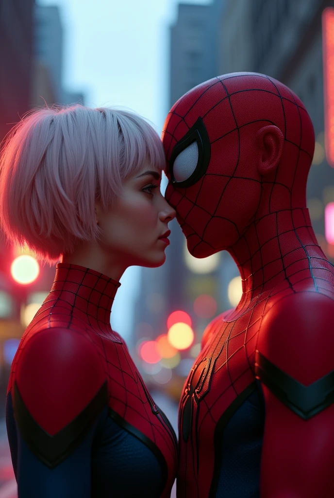 Spiderman without a mask, staring at gwen in love, photo realist, natta, red traffic lights, fully body, 4K, wallpaper, miles morales, high qualiy, gwen short hair