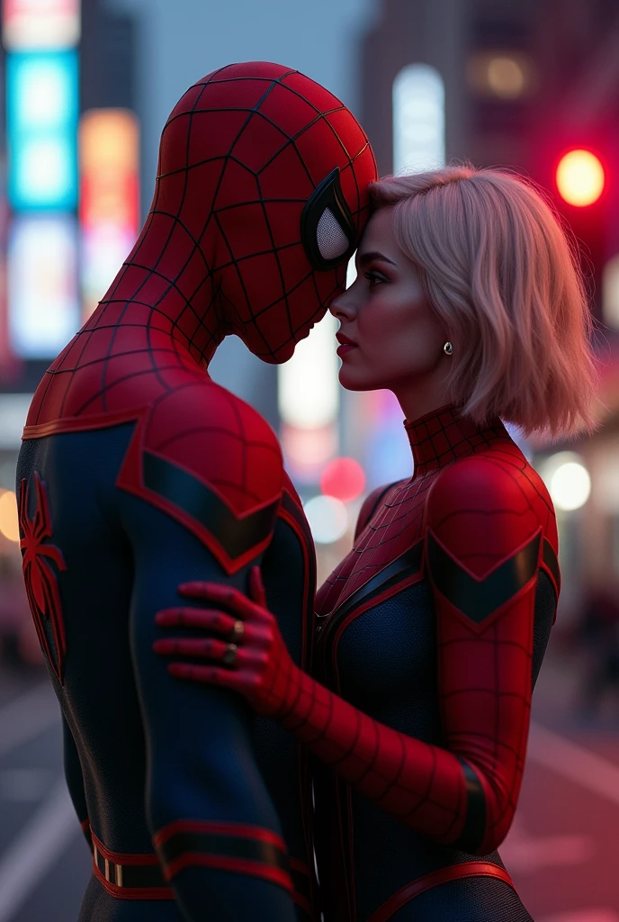 Spiderman without a mask, staring at gwen in love, photo realist, natta, red traffic lights, fully body, 4K, wallpaper, miles morales, high qualiy, gwen short hair