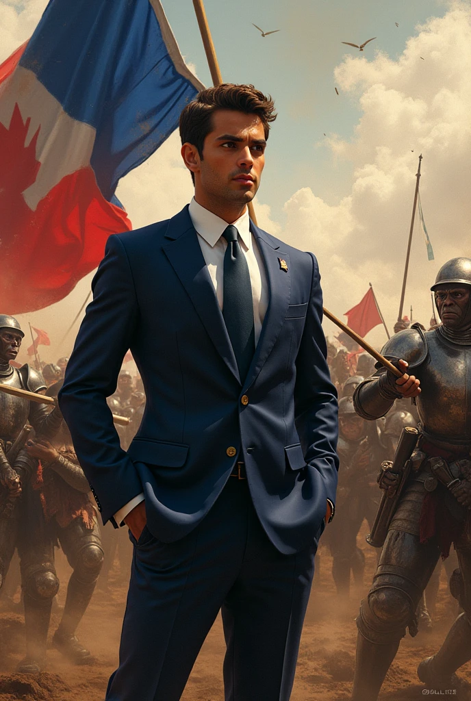 Jordan bardella une personne jeune et dynamique, politicien en costard Tenant un drapeau français sur un champ de Bataille ou la guerre Fait rage Entre les chevalier français et les singe noir 