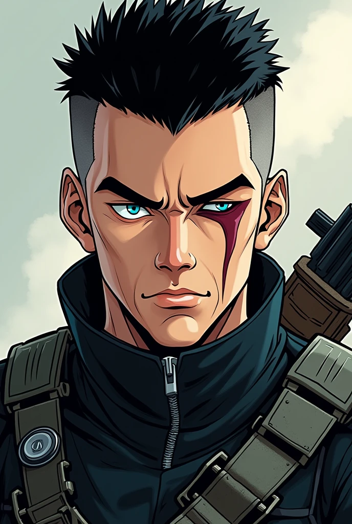 Dans un style manga un soldat de 25 ans aux cheveux noirs rasés sur les côté un peu comme un viking. Son oeil gauche est fermé par une cicatrice, son oeil droit est de couleur bleu. Il porte un uniforme noir et sa mâchoire est légèrement carrée
