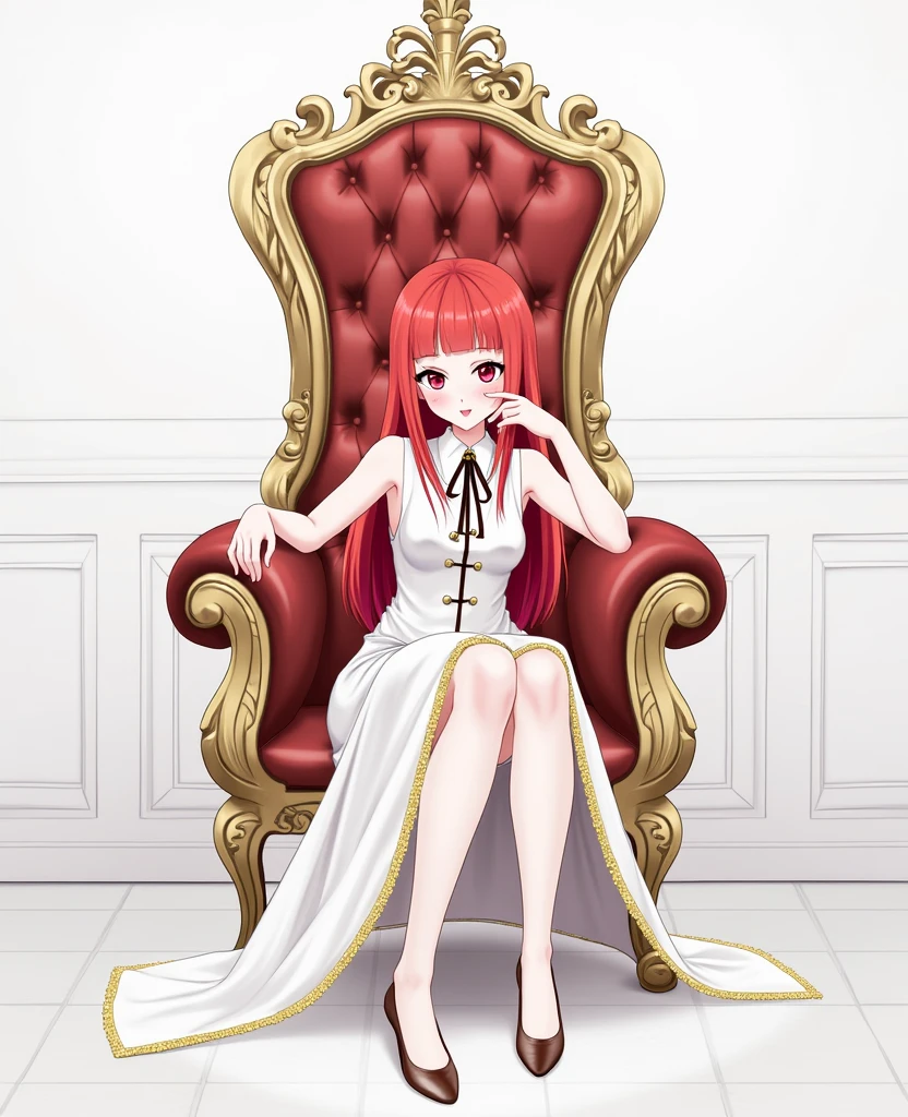 1girl, red hair, sitting on a throne, white floor,