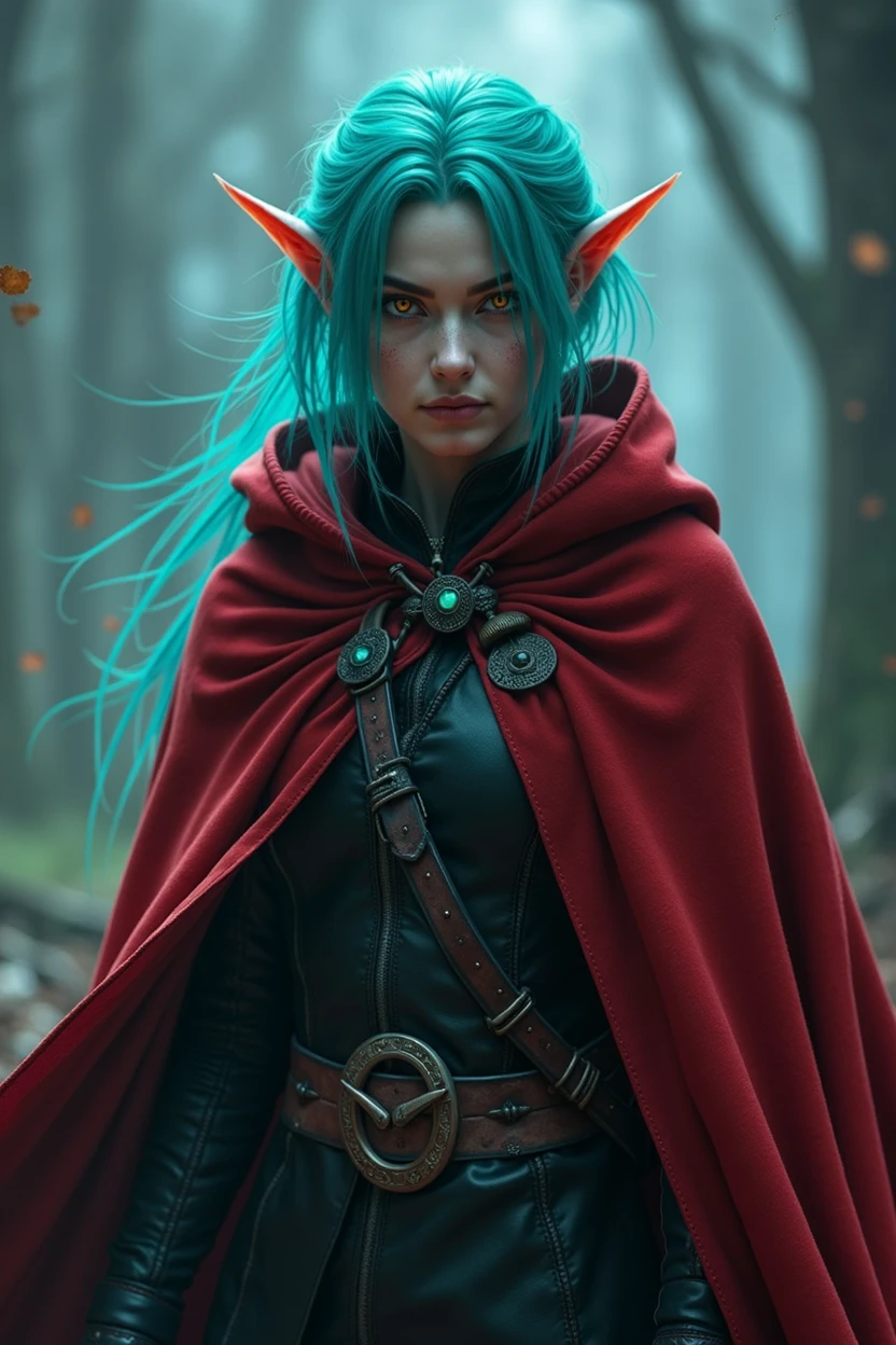 A moon elf nonbinary person with bright teal hair a red cloak and glowing eyes ready to assassinate. Warlock who drains souls. Full body. 