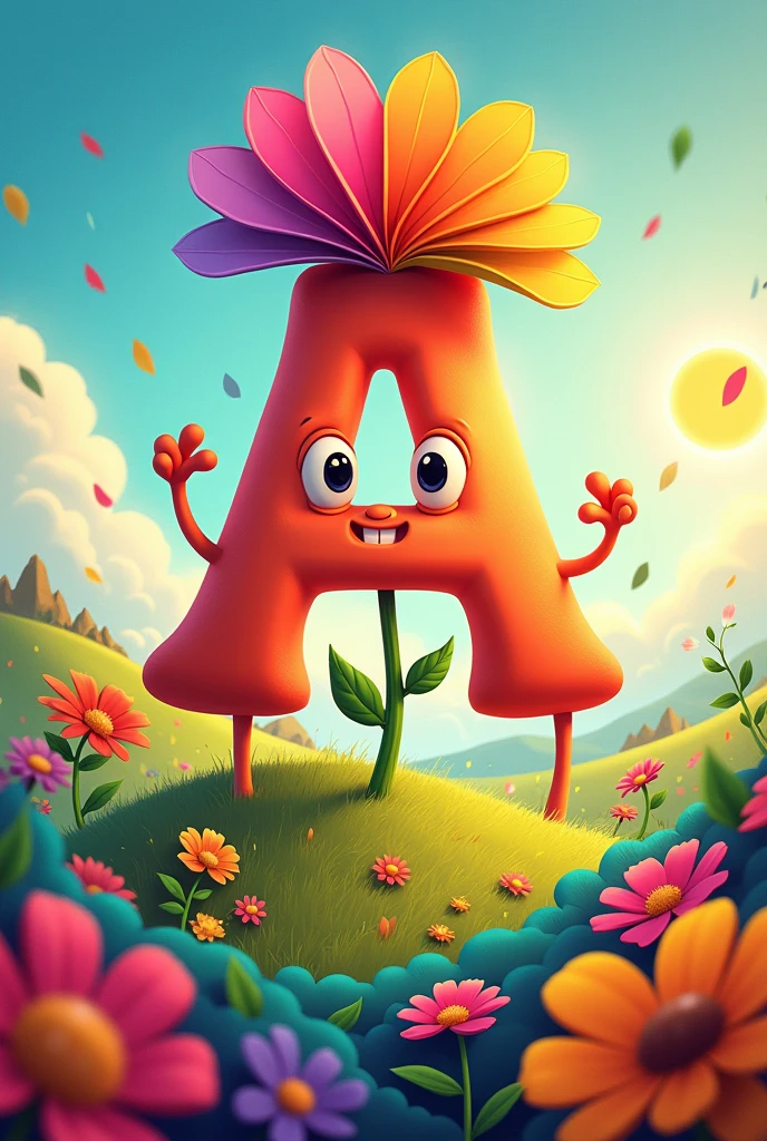Make a cartoon style movie cover where the title is A and the rainbow flower written in Portuguese