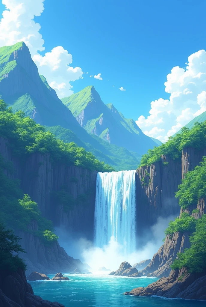 painting of a waterfall and a mountain with a waterfall in the foreground, animated landscape, animated landscape wallpaper, anime nature, anime beautiful peace scene, beautiful animated landscape, anime nature wallpap, animated landscape, anime art wallpaper 4k, anime countryside landscape, anime art wallpaper 4k, landscape artwork, landscape wallpaper, japanese art style, animated background, beautiful anime scene
