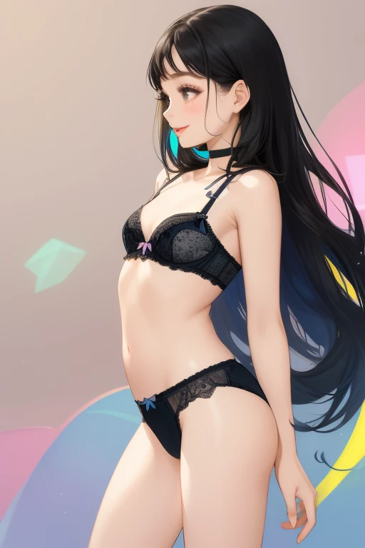 (Highest quality，32K High Resolution，masterpiece:1.2), Very detailed，One person， Very young ，Very short stature，Flat Chest，Very thin thighs，(ＪS，Jojo Fashion)，(Black and long straight hair)，Lingerie Shop，Product Selection，profile，smile，Hopeful，Cute underwear neatly arranged，Colorful underwear，light up，Soft and delicate texture，impressive，Bright colors彩，Delicate fabrics，Attention to detail，Beautiful attention to detail，Beautiful lip detail，Long eyelashes，Bright colors，Soft and warm color palette，