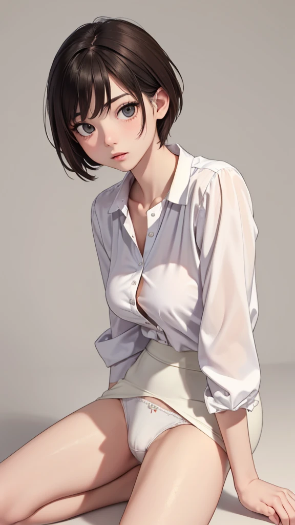 (((masterpiece, best quality, ultra highres, 1 girl, solo, no background))), super detailed skin and face and eyes and finger, beautiful japanese woman, small breasts:1.5, skinny, light brown hair, white background, very short pixie hair, knee shot, The background should be simple, with the character positioned centrally, outline, anime, 2d, boyish, expressionless, ((white panties, taking off clothes, undressing, leaning forward, extended down blouse, panty drop)),