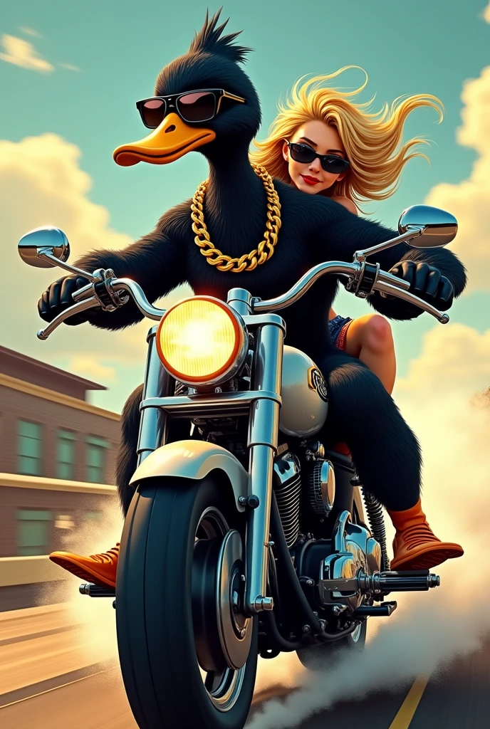 Black duck with sunglasses and gold chain, riding a motorcycle, at high speed With a blonde on the back