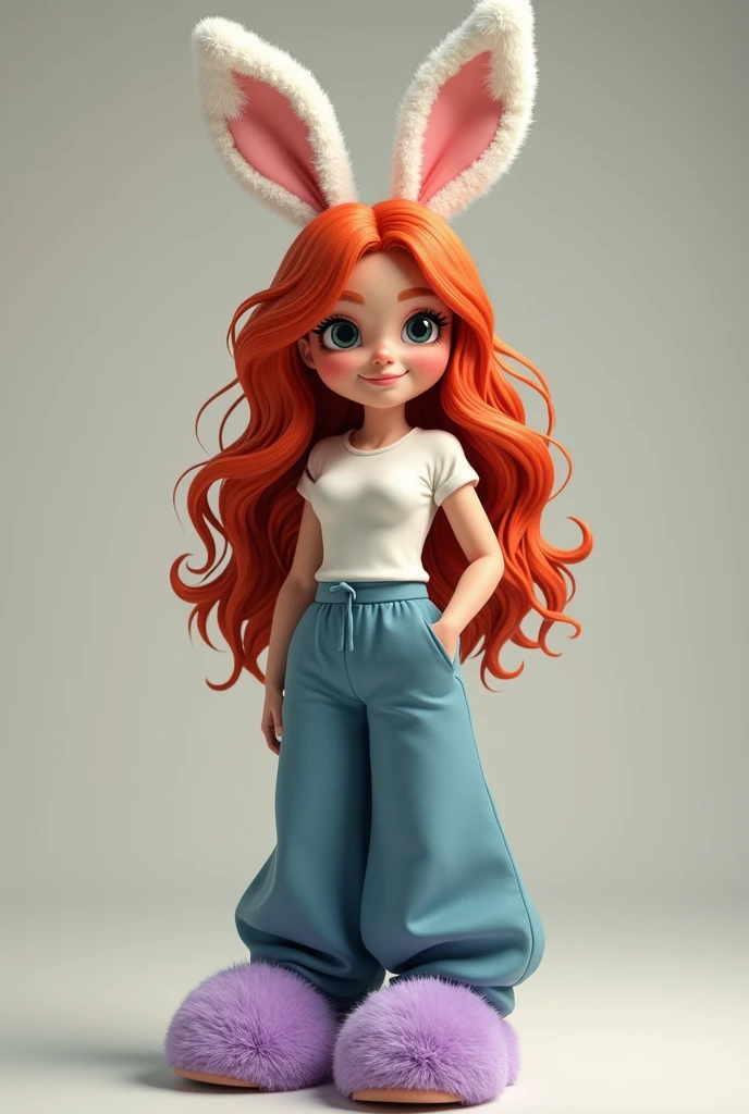 Red hair with bunny ears, purple slippers, shirt, blue pants, SHE IS A WOMAN