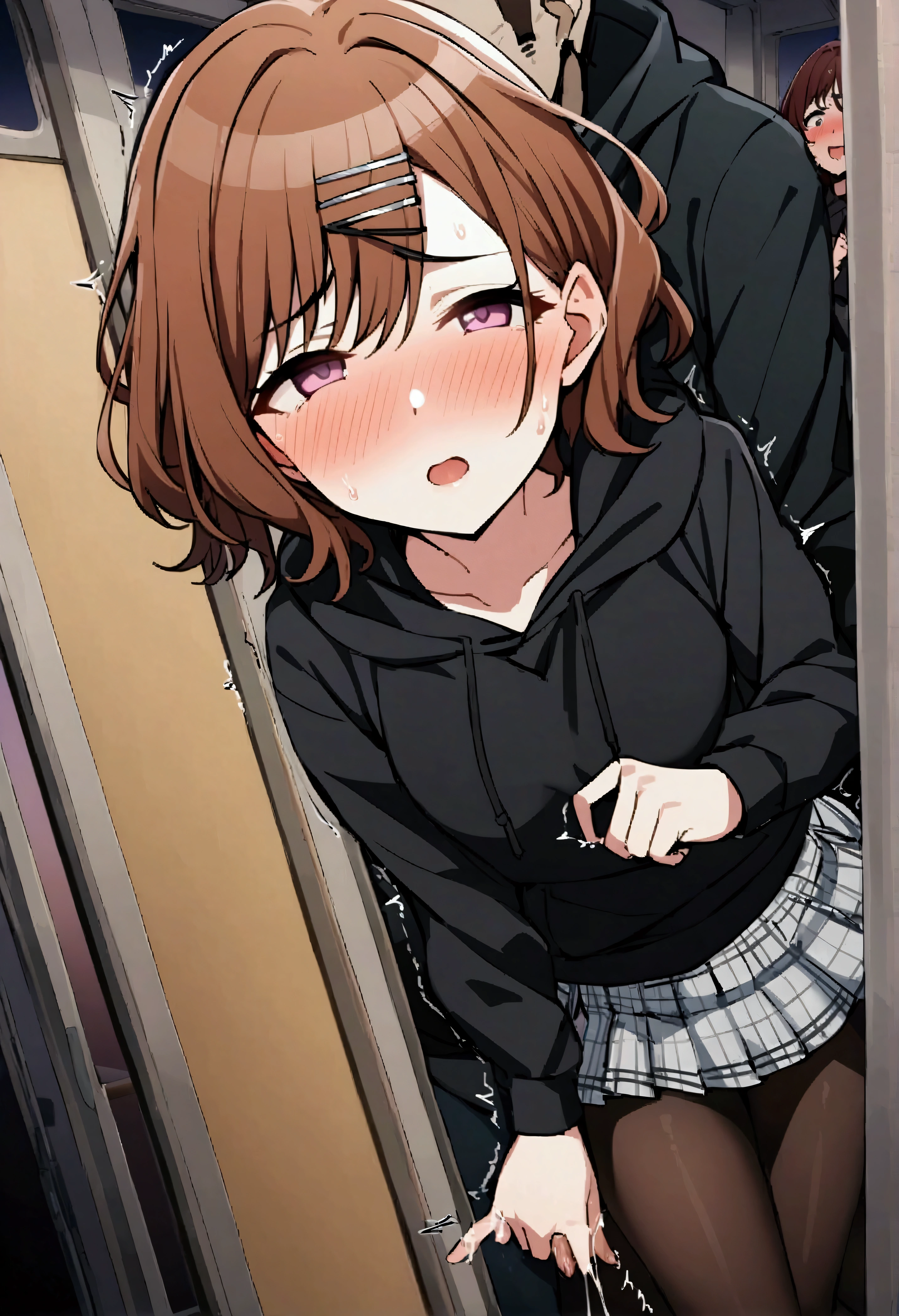 NSFW,masterpiece,Highest quality,High resolution,Very detailed,(A pair of men and women),Madoka Higuchi\(The Idolmaster Shiny Colors\),short hair、Brown Hair、Purple Eyes、hairpin,Black hoodie、Collared shirt、Checkered Skirt,(pantyhose),Open clothes,Inside the train at night,Feeling face,((Ecstasy face)),Frightened face,blush,Lustful face,Grit your teeth,((Squirting)),(orgasm),(Climax),Trembling,pubic hair,(Middle-aged men),(Molester),Sexual harassment,Fingering
